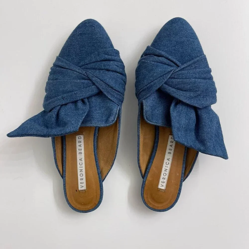 VERONICA BEARD Flat Denim BOW Mules Size 37